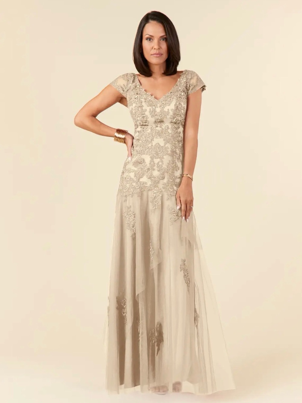Elegant Champagne Lace Appliqué Evening Gown